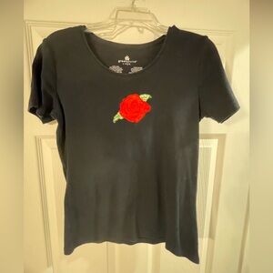 Elegant Black Tee with Red Rose Embroidery